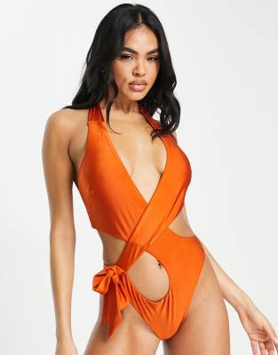Asos Design Tie Side Cut Out Halter Swimsuit In Rust-brown