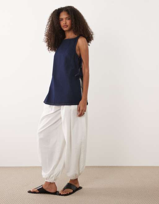 ASOS DESIGN tie side denim long line top in indigo, 2 of 4