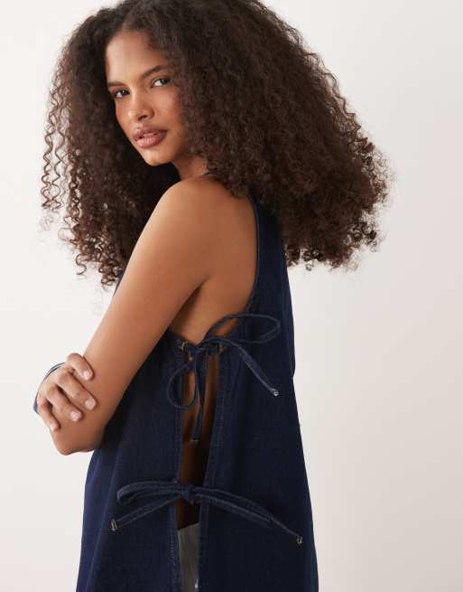 ASOS DESIGN tie side denim long line top in indigo, 3 of 4