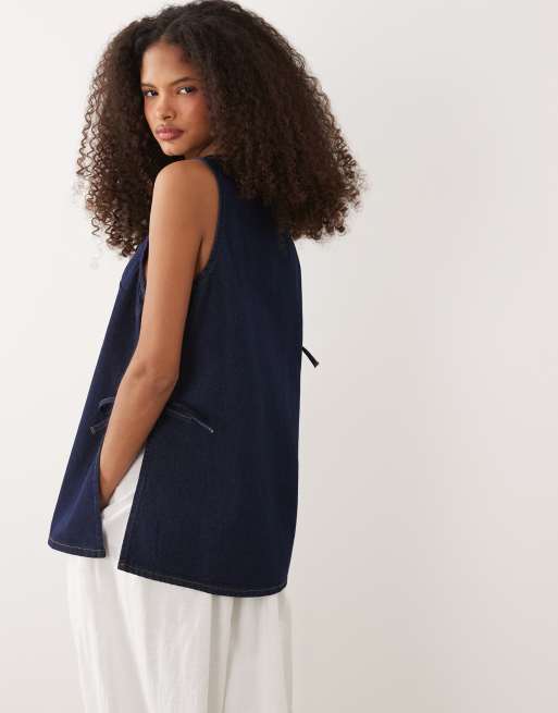 ASOS DESIGN tie side denim long line top in indigo, 4 of 4
