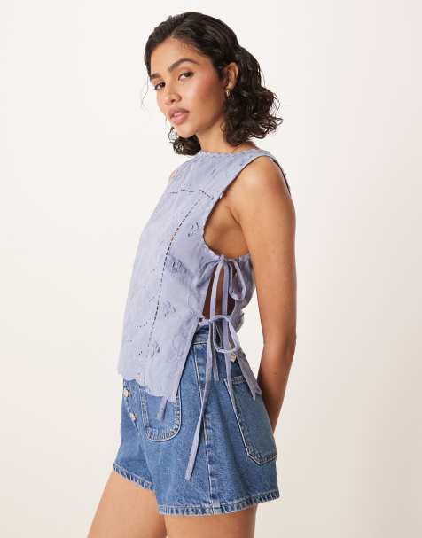 ASOS DESIGN tie side embroidery top in blue - view 1