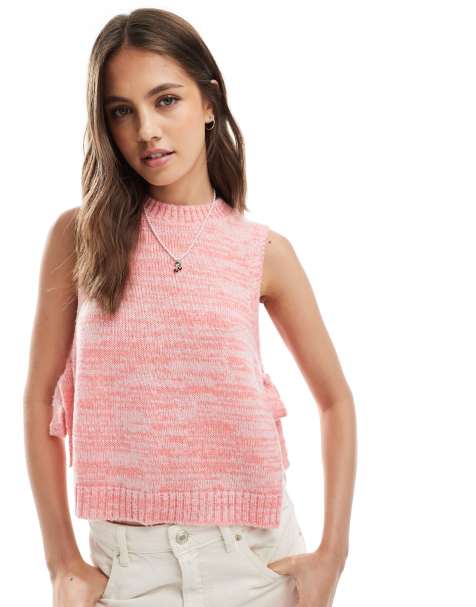 ASOS DESIGN tie side fluffy knitted tank top in pink and orange twist yarn - view 1