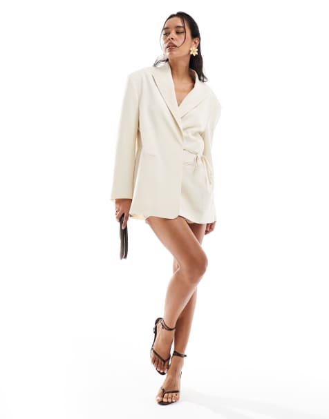 ASOS DESIGN tie side oversized blazer in buttercream co ord - view 1