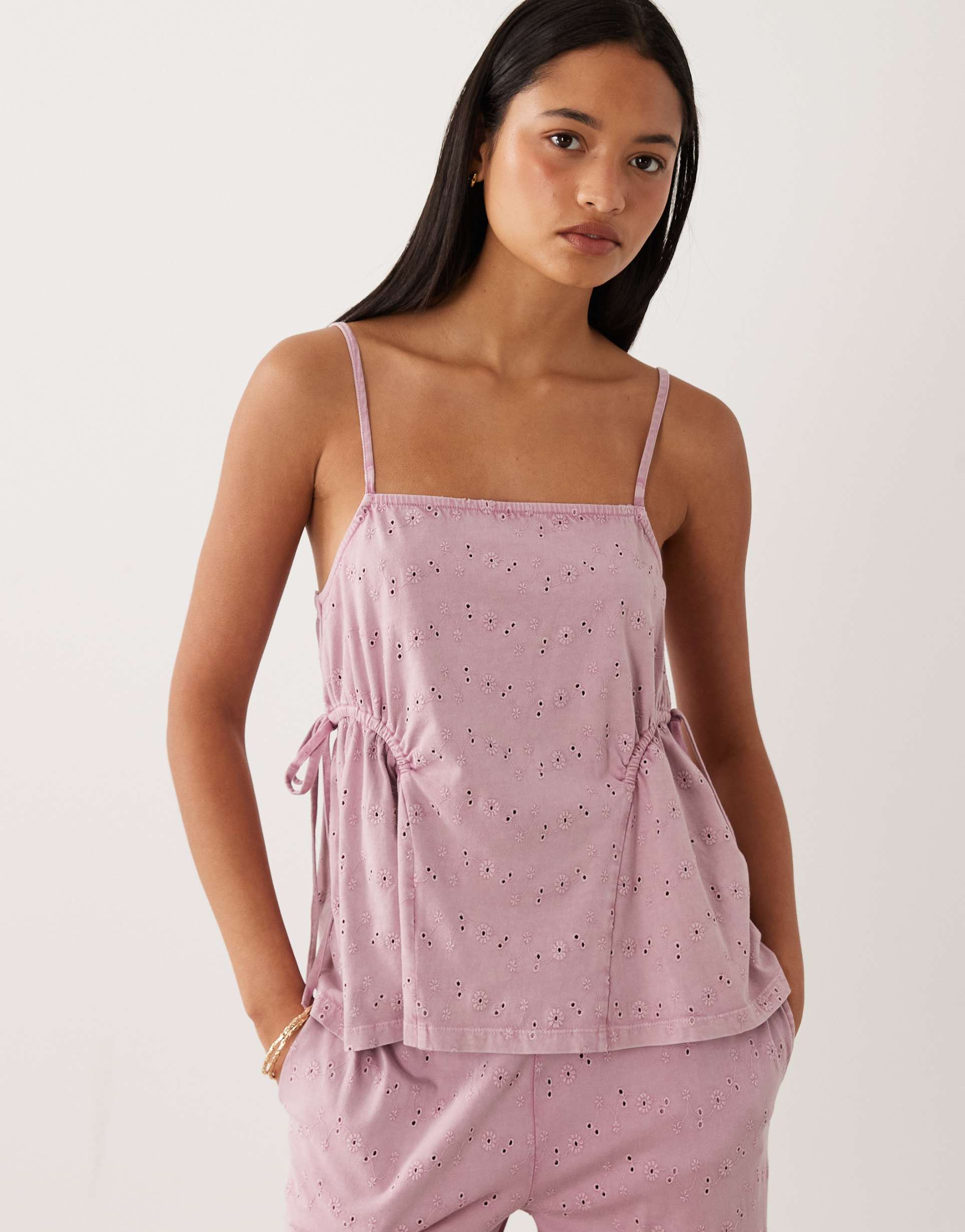 asos design tie side pleat detail broderie tank top in washed lilac - part of a set
