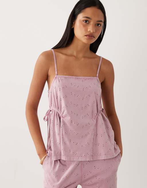 ASOS DESIGN wide leg drawcord tassle detail jersey broderie co-ord in lilac, 3 of 4