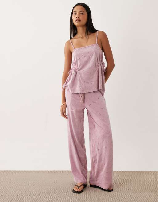 ASOS DESIGN tie side pleat detail broderie vest co-ord in washed lilac, 2 of 4