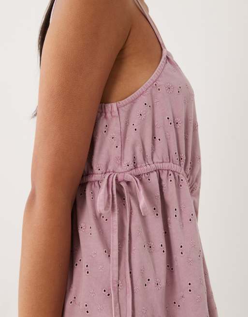 ASOS DESIGN tie side pleat detail broderie vest co-ord in washed lilac, 3 of 4