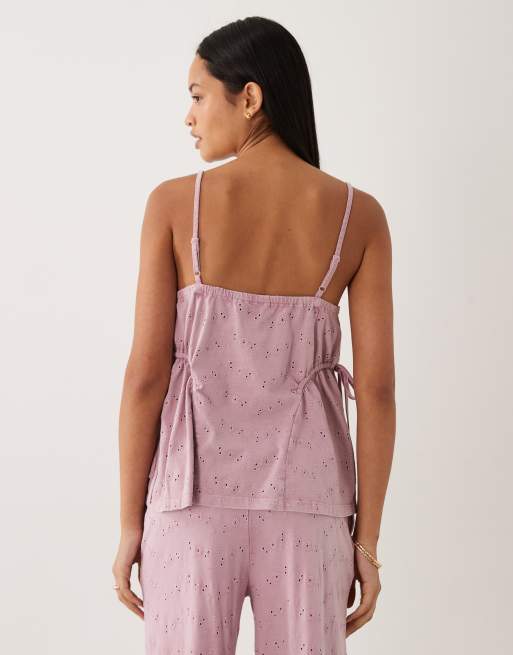 ASOS DESIGN tie side pleat detail broderie vest co-ord in washed lilac, 4 of 4