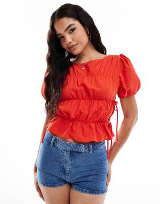 ASOS DESIGN tie side ruched top with puff sleeves in red