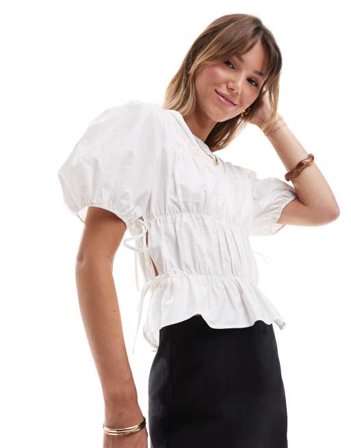 White ruched puff sleeve top sale