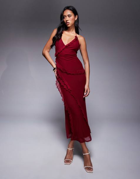 ASOS DESIGN tie side ruffle draped maxi dress in dark cherry - view 1