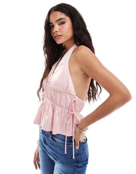 ASOS DESIGN tie side satin halter top in pink - view 1
