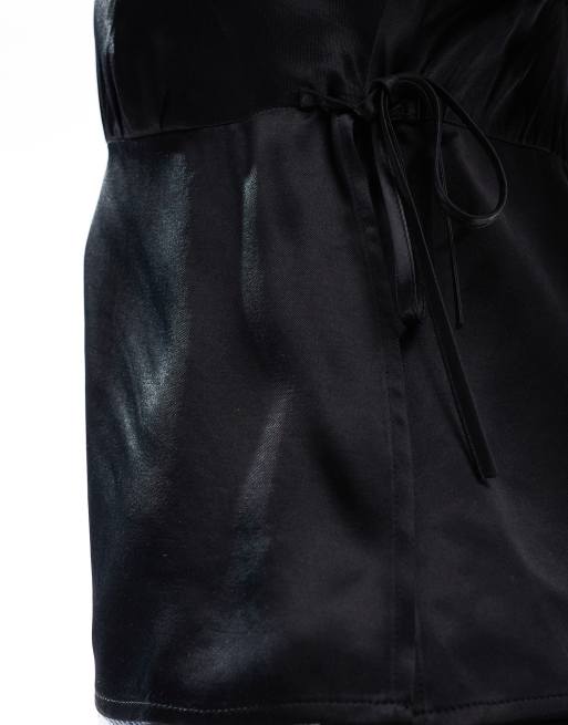 ASOS DESIGN tie side satin top with lace trim in black co ord, 4 of 4