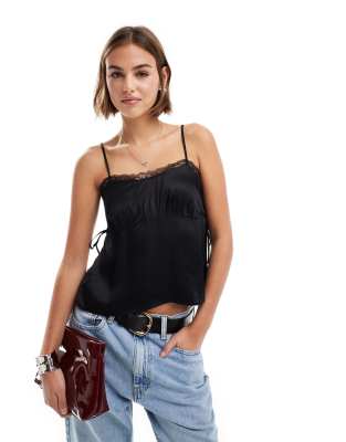 Asos Design Tie Side Satin Top With Lace Trim In Black - Part Of A Set