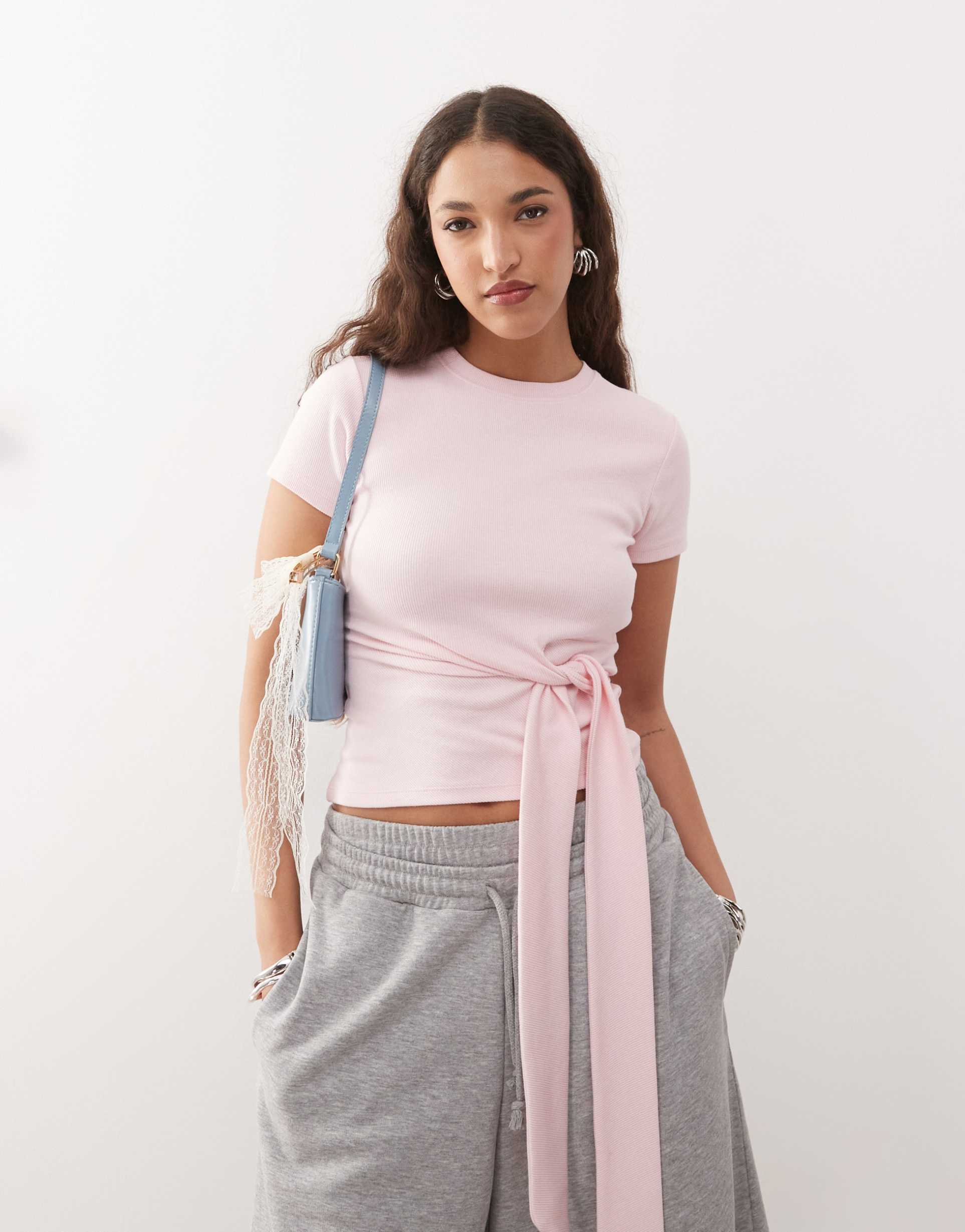 asos design tie side short sleeve t-shirt in pink