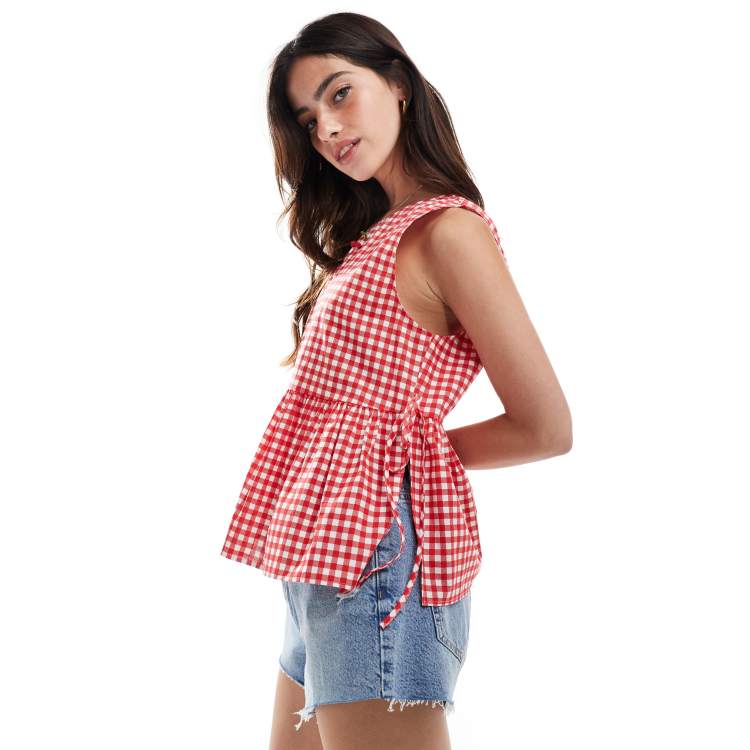 ASOS DESIGN tie side slash neck swing top in red gingham | ASOS