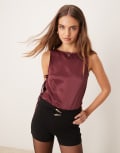 [ASOS DESIGN] ASOS DESIGN tie side slash neck top in satin in burgundy-Red L Burgundy