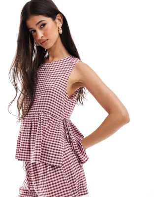 Asos Design Tie Side Swing Top In Two Tone Gingham-multi