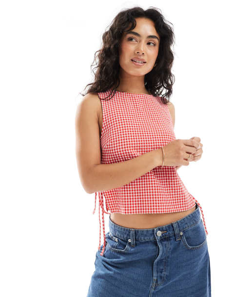 ASOS DESIGN tie side top in red gingham - view 1
