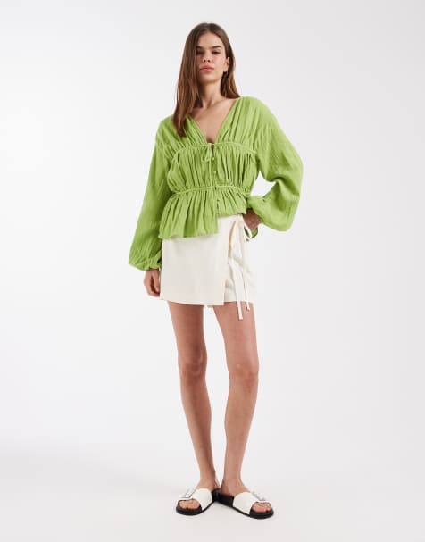 ASOS DESIGN tie side wrap over linen skort in white - view 1