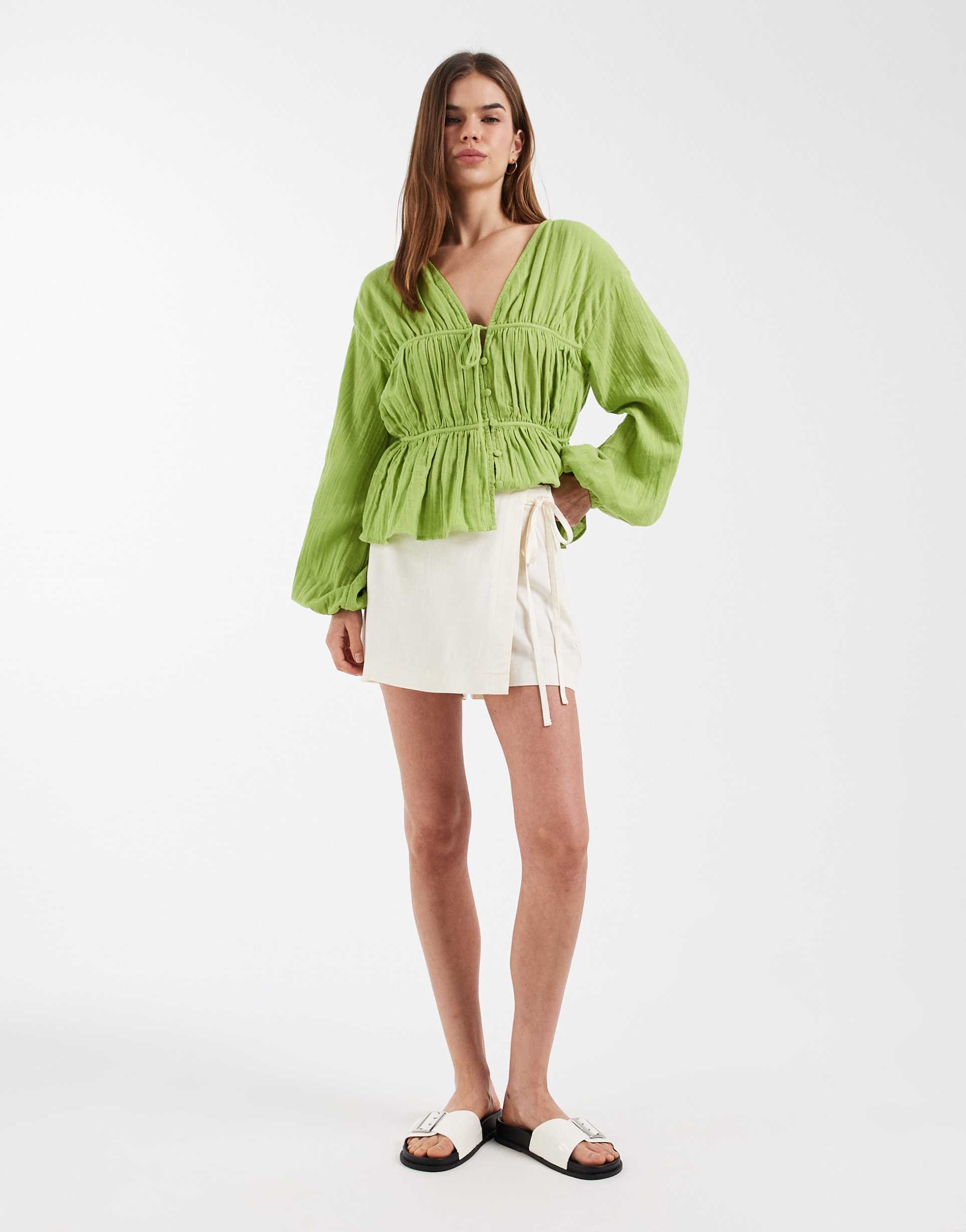 asos design tie side wrap over linen skort in white