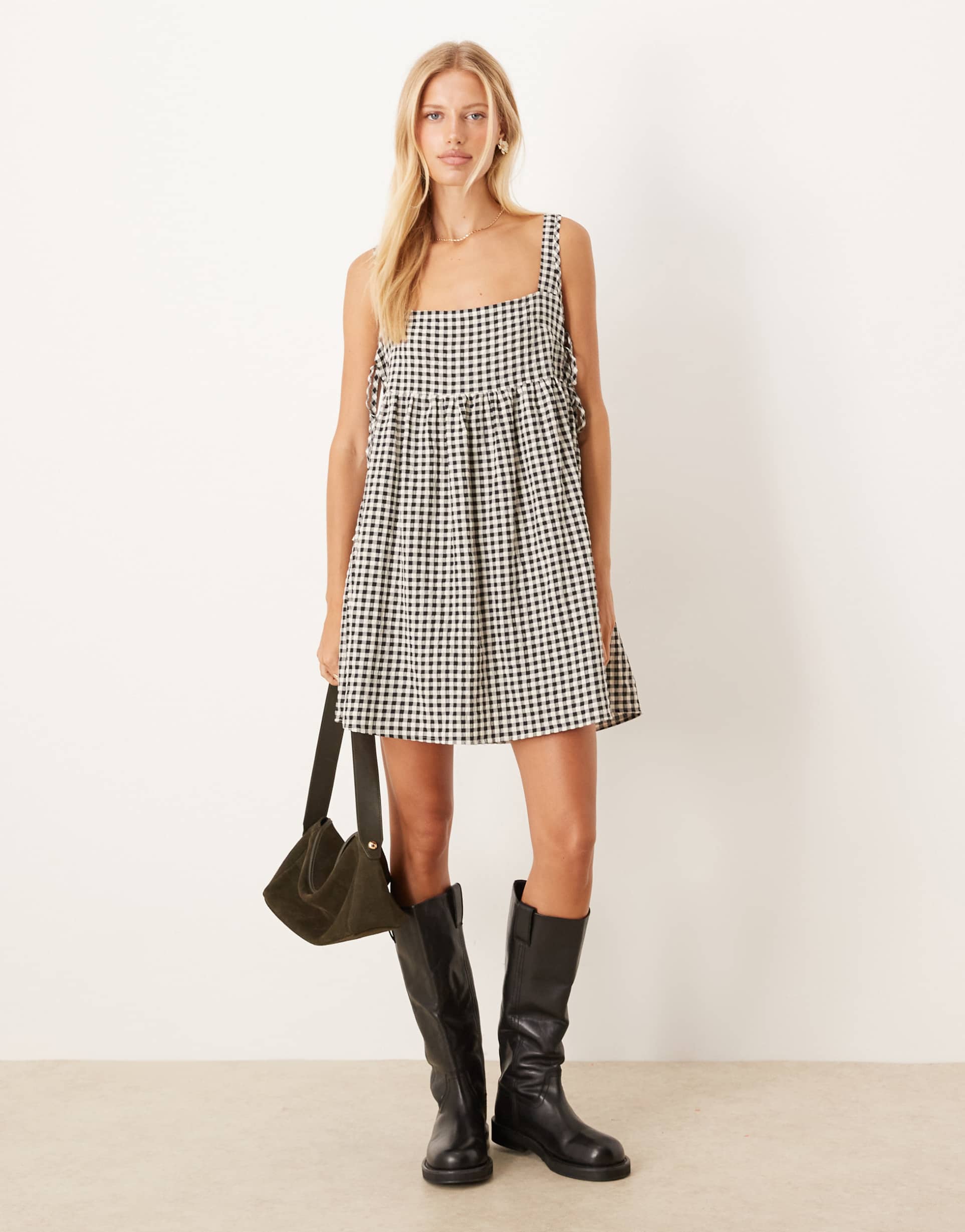asos design tie sides baby doll mini dress in black gingham