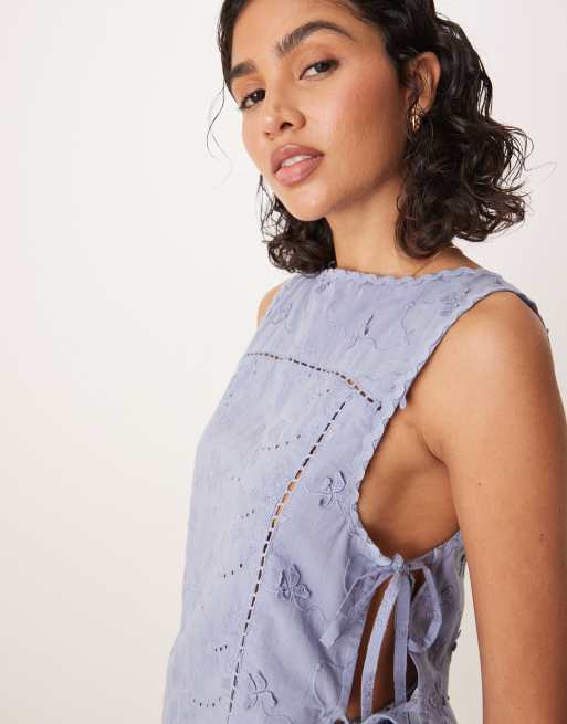 ASOS DESIGN tie sides embroidery top in blue