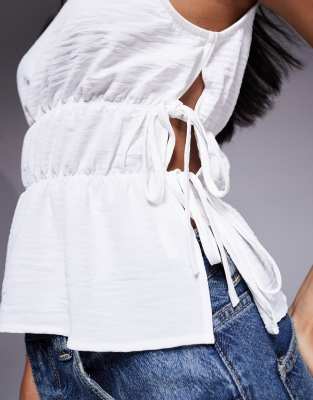 Asos Design Tie Sides Ruched Detailing Top In White