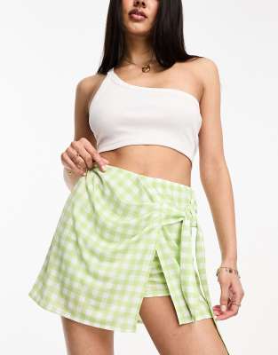 Asos Design Tie Skort In Jersey Cheesecloth In Mint Gingham-multi