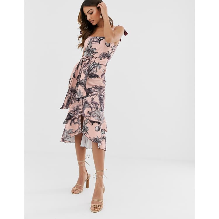 ASOS DESIGN tie strap botanical floral pep hem midi dress ASOS