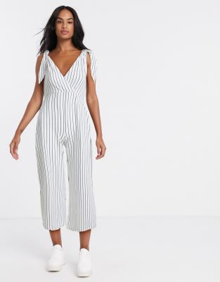 Asos Design Tie Strap Chuck On Jumpsuit In White Stripe Print-multi