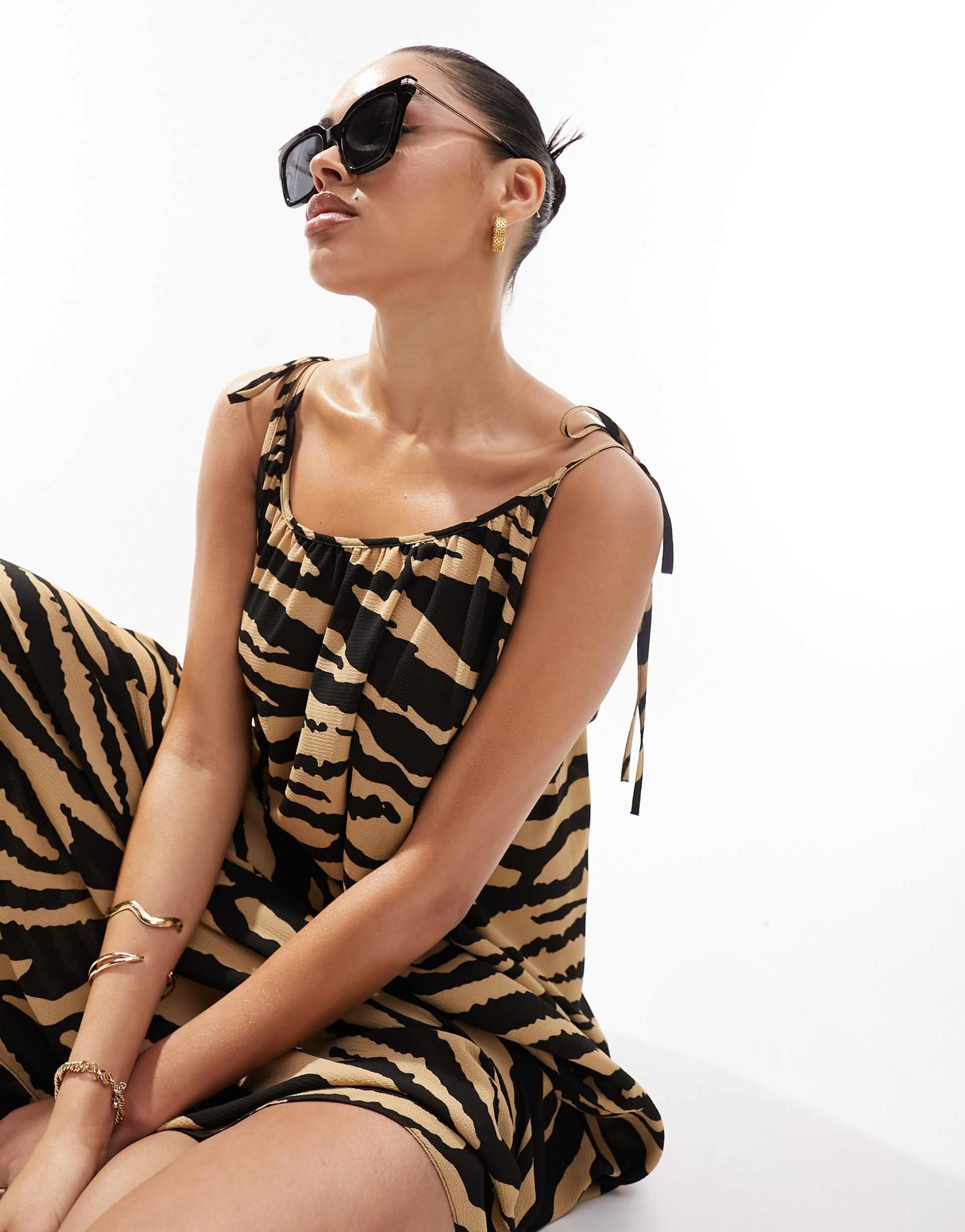 asos design tie strap detail trapeze maxi slip dress in animal print