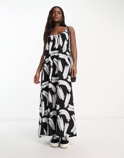 ASOS DESIGN tie strap detail trapeze maxi slip dress in mono