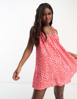 Asos Design Tie Strap Detail Trapeze Mini Slip Dress In Red And Pink Animal Spot Print-multi