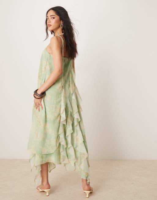 ASOS DESIGN tie strap ruffle maxi dress in sage green floral print