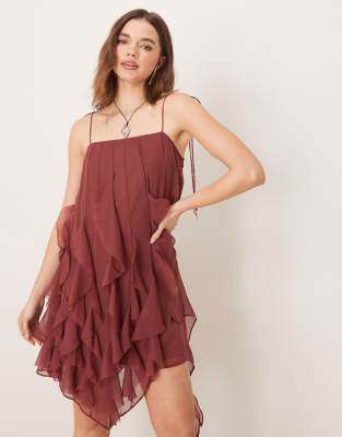 Asos Design Tie Strap Ruffle Mini Dress In Brown