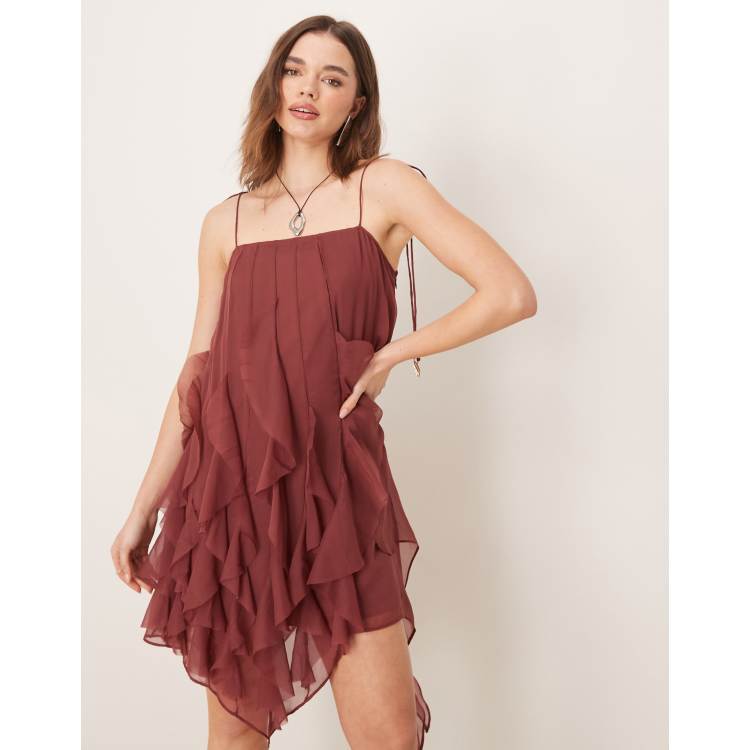knee length dresses for ladies Annabelle Brown Cutout Ruffled Mini Dress