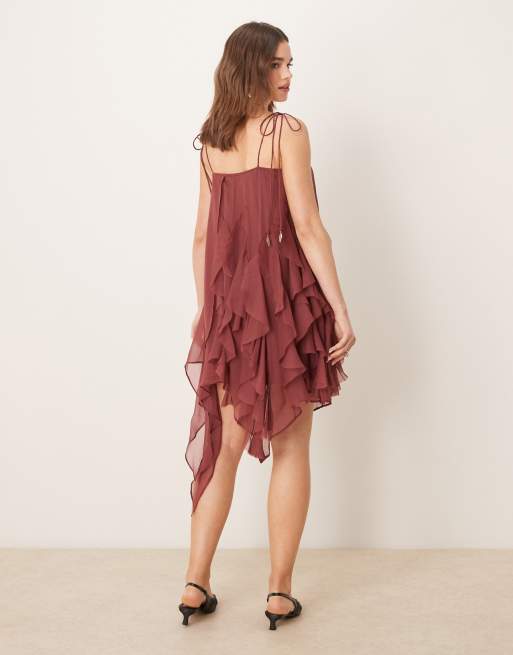 ASOS Design Tie Strap Ruffle Mini Dress in Chocolate Brown