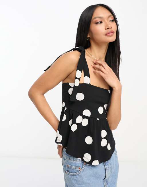 ASOS DESIGN tie strap sun top with pephem in polka dot print