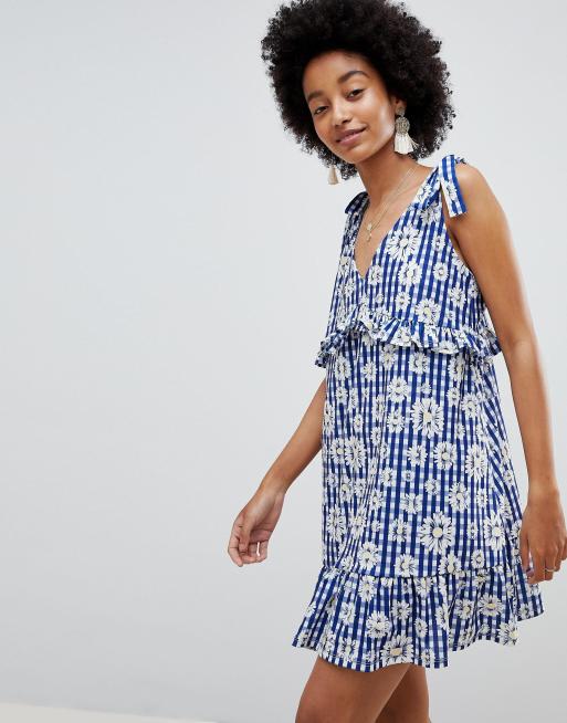 ASOS DESIGN Tie Strap Sundress With Pep Hem In Floral Gingham ASOS