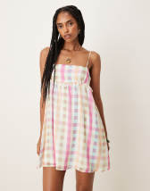 ASOS DESIGN shirred bust cotton linen blend mini dress in polka dot print
