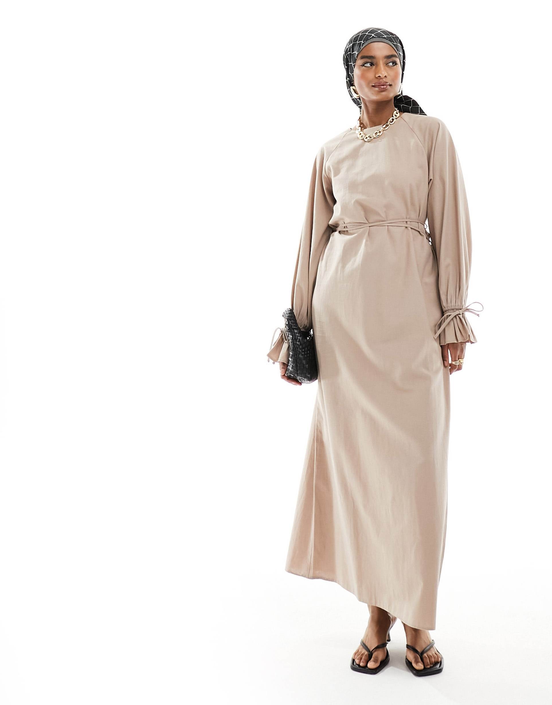 asos design tie up cuff belted linen look maxi dress in oatmeal