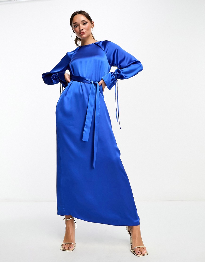 Shop Asos Design Tie Up Cuff Belted Satin Maxi Dress In Bright Blue