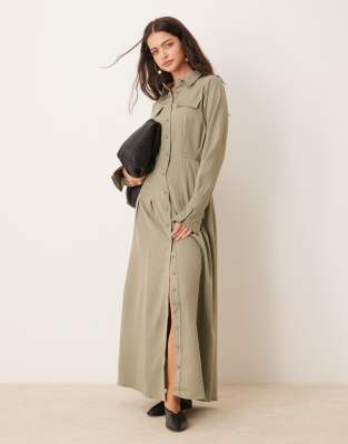 tie up cuff detail maxi shirt dress in khaki stripe-Multi