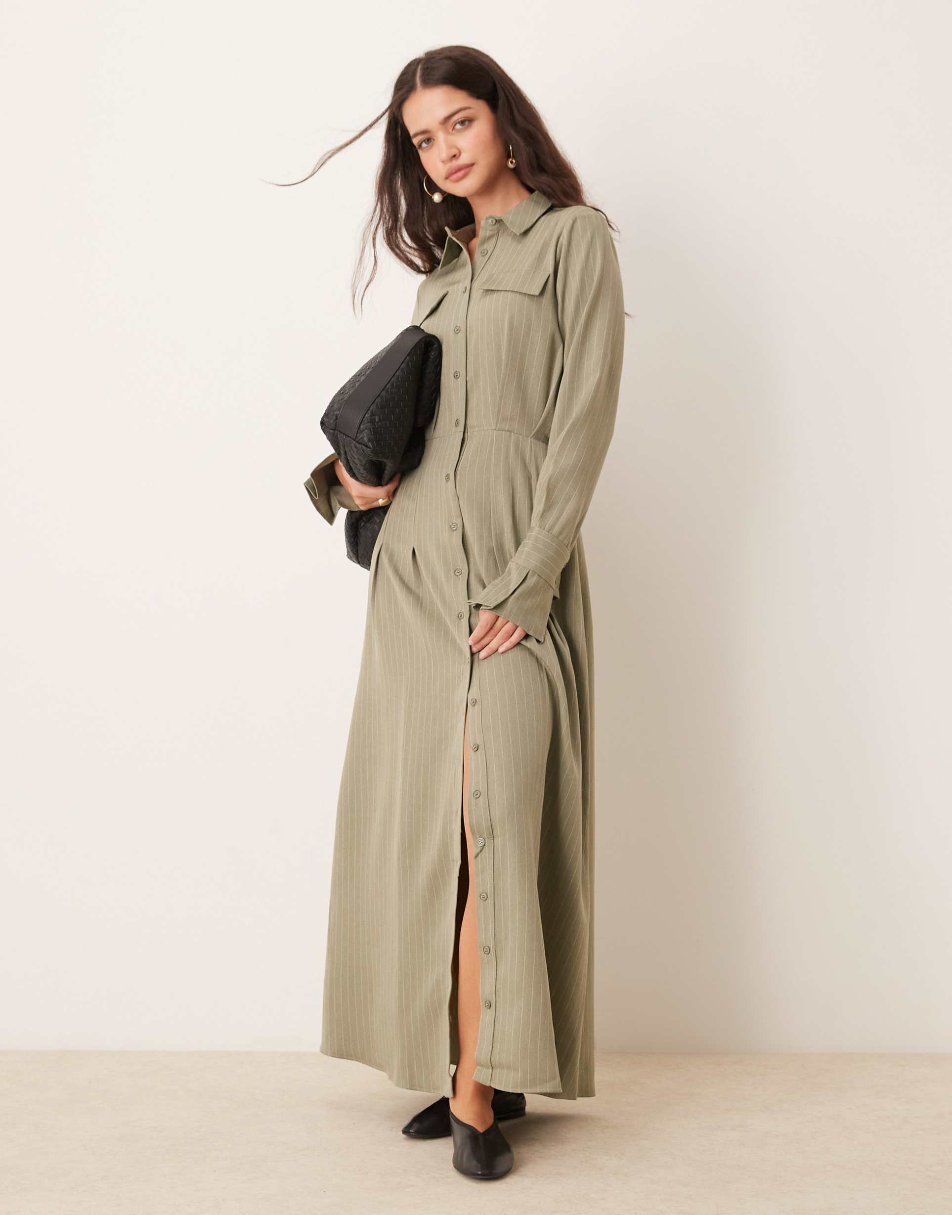 asos design tie up cuff detail maxi shirt dress in khaki stripe