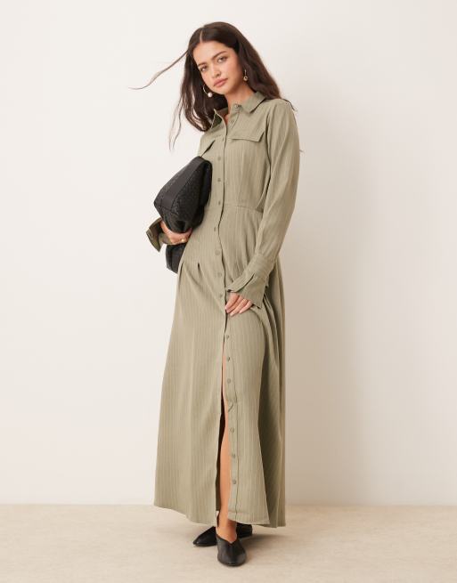 ASOS DESIGN tie up cuff detail maxi shirt dress in khaki stripe ASOS