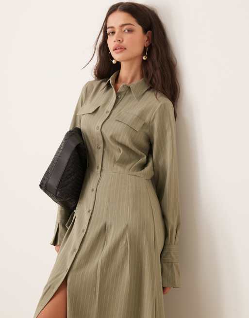ASOS Design Tie Up Cuff Detail Maxi Shirt Dress in Khaki stripe Multi