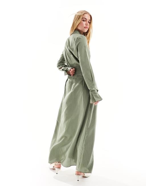 ASOS DESIGN tie up cuff detail maxi shirt dress in olive stripe