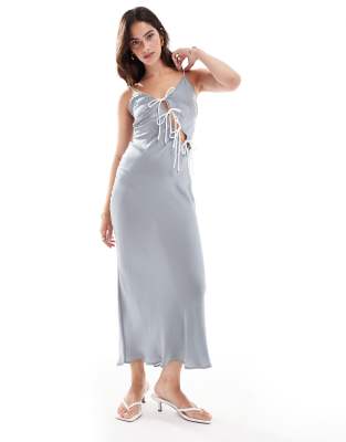 Asos Design Tie Up Cut Out Strappy Satin Midi Dress In Gray