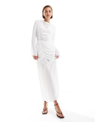 tie up ruched long sleeve maxi dress in white-Neutral